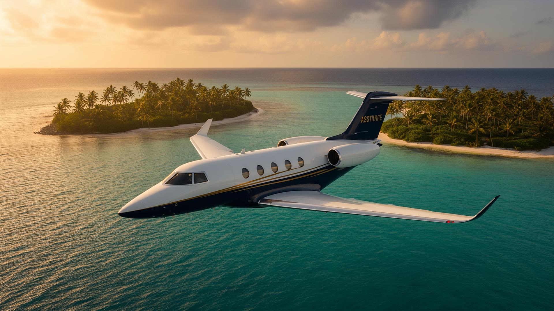 Luxury private jet over turquoise waters